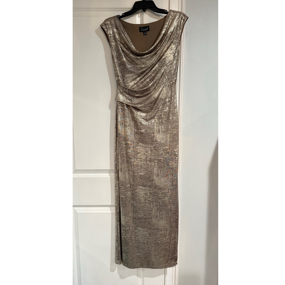 Connected Apparel Gold Sheath Maxi Dress Sleeveless Cowl Neck